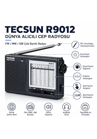 Tecsun R-9012 Pilli 12 Bant Dünya Radyosu Fm Mw Sw Kısa Dalga Analog Cep Radyosu Teleskopik Antenli