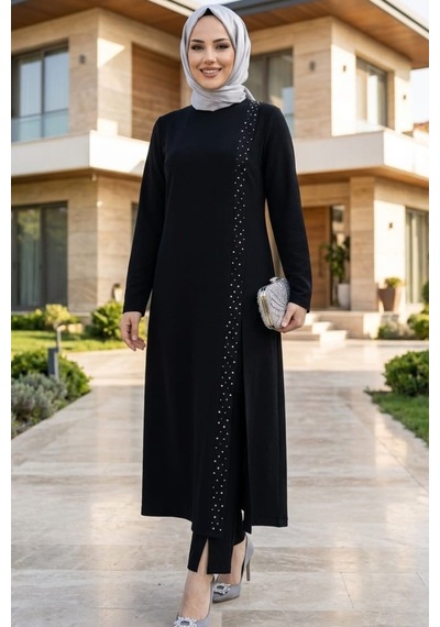 Hb Harma Time Butik Kadın İnci İşlemeli Siyah Tunik-pantolon İkili Takım Siyah Siyah
