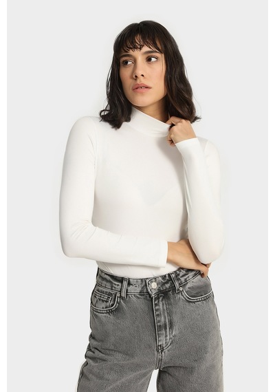 Açelyaokcu Yarım Balıkçı Dik Yaka Altı Çıt Çıtlı Bodysuit Bluz Beyaz