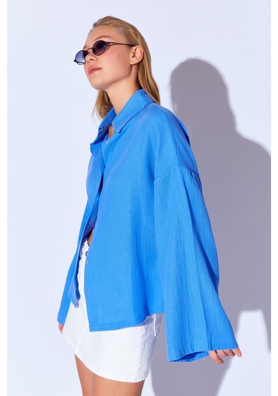 Manche Saks Kolları Salaş Yıkamalı Müslin Oversize Rahat Kalıp Kadın Basic Gömlek Mks166881-01 Manche Saks Kolları Salaş Yıkamalı Müslin Oversize Rahat Kalıp Kadın Basic Gömlek Mks166881-01