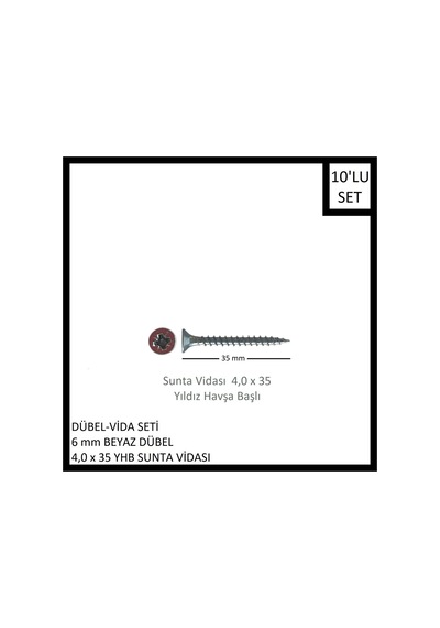 Dübel-vida Seti, Beyaz Dübel 6 Mm, 4,0x35 Yhb Sunta Vidası, 10 Adet