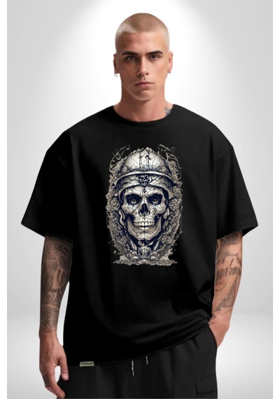 Kask Miğfer İskelet Asker Pamuklu Bisiklet Yaka Unisex Oversize Boyfriend Dijital Baskılı Siyah T-shirt Siyah