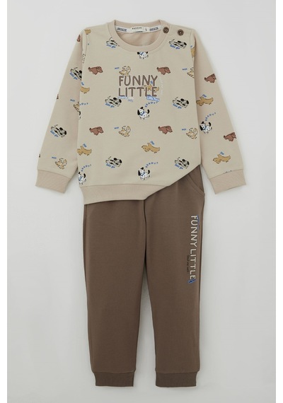Breeze Erkek Bebek Eşofman Takımı Eğlenceli Köpekçikler Desenli 9 Ay - 3 Yaş , Bej