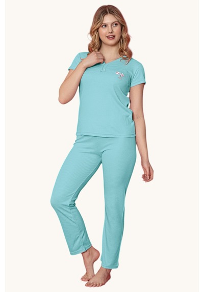 V Yaka Fiyonk Detaylı Yarım Kollu Kadın Pijama Takımı Mavi
