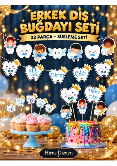 Hiras Dizayn Erkek Diş Buğdayı Süs Seti 32 Parça Banner Pasta ve Cupcake Kürdanı Mavi