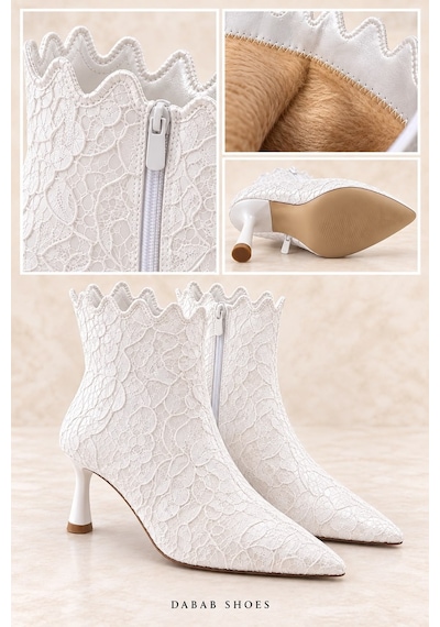Dabab Shoes Mona Kadın Beyaz Dantel İşlemeli Sivri Burun Sıcak Astarlı Fermuarlı 7 Cm İnce Topuklu Bot Bootie