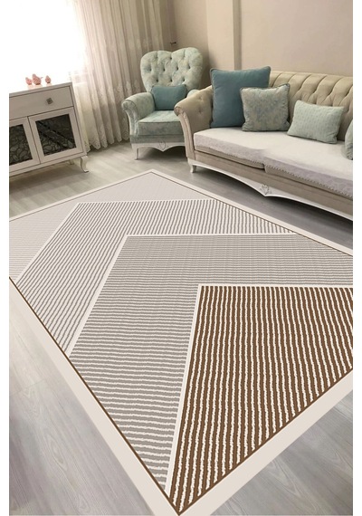Alanur Kaymaz Yıkanabilir Dijital Baskılı Salon Halısı Trend Geometrik Al4048 Kahverengi