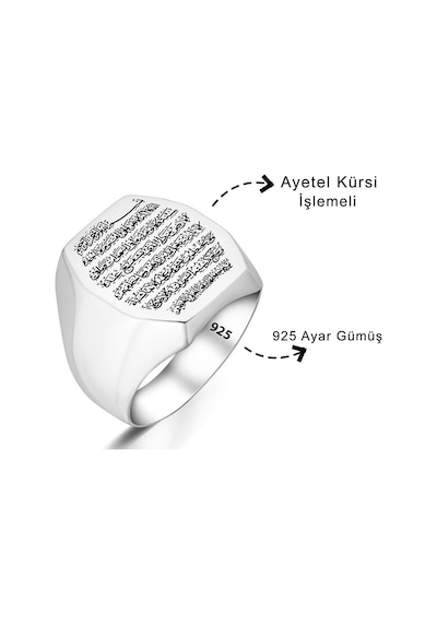 Ayetel Kürsi İşlemeli Düz Gümüş Erkek Yüzük