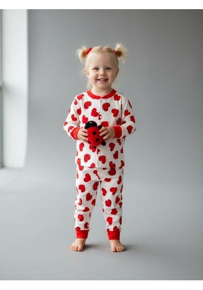 Zekids Kız Bebek Pamuklu Kalp Desenli Pijama Takımı-16850 Kırmızı