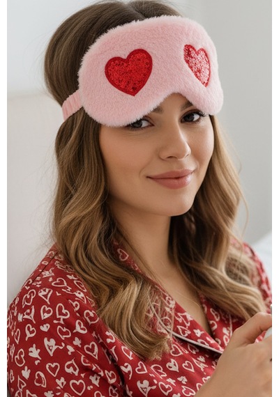 Caş Dekorasyon Pembe Ve Kırmızı Renk Kalpli Peluş Uyku Bandı Pembe