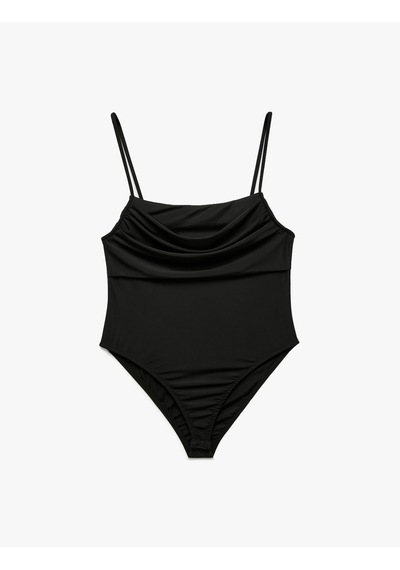 Koton Sandy Kumaş Slim Fit Drapeli İnce Askılı Bodysuit Siyah 5sak10759ek