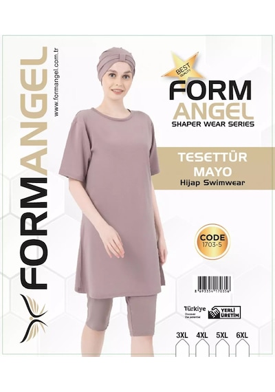 Form Angel Kadın Düz Renk Büyük Beden Kısa Kollu Likralı Tesettür Mayo Pudra