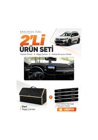 Dacia Jogger Ekranlı 2022-2026 Uyumlu Torpido Örtüsü + Deri Bagaj Çantası + Sticker - Siyah Bej