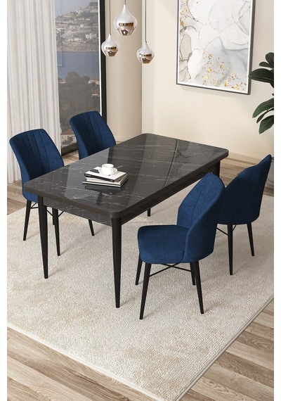 Canisa Arp Serisi 70x110 Sabit Mutfak Masası Takımı Siyah Mermer Desen Masa 4 Lacivert Sandalye Masa Siyah Mermer Desen Sandalye Lacivert