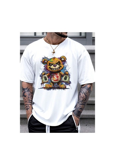 Caddemia Yaz Gevşek Boyutu Karikatür Ayı Desen Baskılı Slim Fit Rahat Spor Yuvarlak Beyaz 2XL Caddemia Yaz Gevşek Boyutu Karikatür Ayı Desen Baskılı Slim Fit Rahat Spor Yuvarlak Beyaz 2XL
