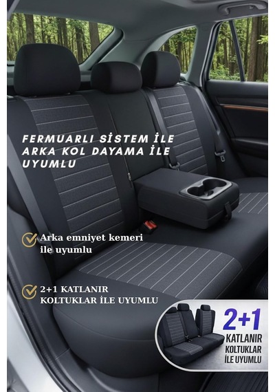 Lifos Serisi Koton Kumaş Universal Oto Koltuk Kılıfı Tam Set Siyah Gri Genel
