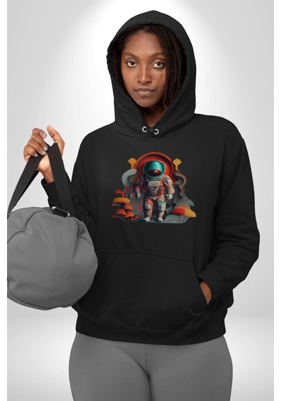 Astronot Yapay Zeka Yürüyüş Kadın Erkek Siyah Kapüşonlu Sweatshirt Hoodie Siyah