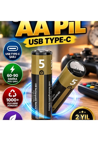 1.5v Aa Type-c Şarjlı Lityum Pil 60 90 Dakika Hızlı Şarj, 1000+ Kullanım, 2 Adet