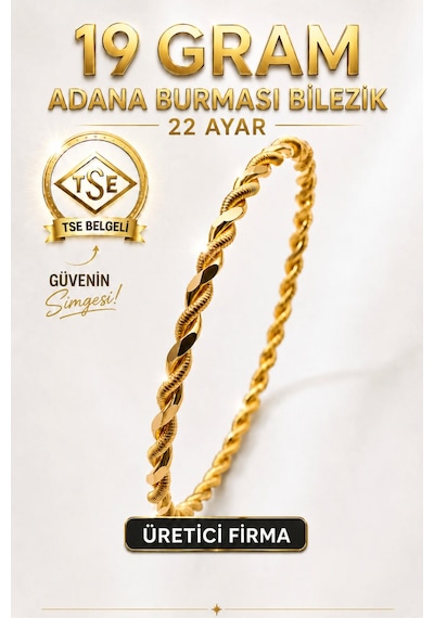 22 Ayar Tse Belgeli 19 Gram Adana Burması Bilezik Altın Gold İşçiliksiz Bilezik Düğün