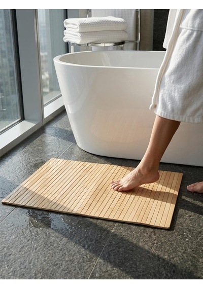 Bambu Banyo Matı, Kaymaz Ahşap Paspas, Suya Dayanıklı, 45x70 Cm, Duş İçin Doğal Ahşap