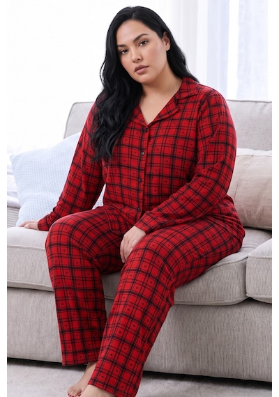 Siyah İnci Desenli Termal Kumaşlı Ultra Soft Yumuşak Büyük Beden Battal Boy Düğmeli Örme Pijama Takımı 26226515 Kırmızı Siyah İnci Desenli Termal Kumaşlı Ultra Soft Yumuşak Büyük Beden Battal Boy Düğmeli Örme Pijama Takımı 26226515 Kırmızı