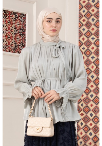 Sevitli Kolu Volanlı Janjan Abiye Bluz-mint Yeşili-5766