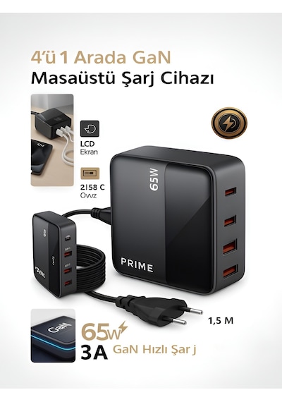 65w Gan 3a 4 Portlu 1,5 Metre Uzatma Kablolu Usb + Type-c Çoklayıcı Masaüstü Şarj Cihazı 1.5 M