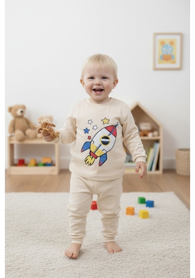 Aden Kids Mevsimlik Pamuklu Kumaş Çocuk Pijama Takımı Bej Rengi