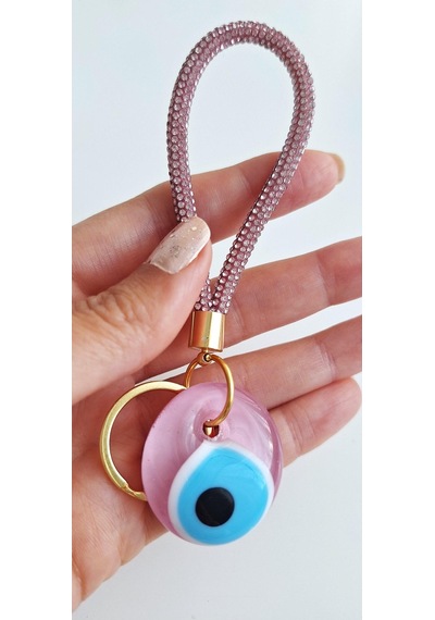 Lüks Hediyelik Orjinal Gerçek Cam Ve Zirkon Taşlı Anahtarlık - Çanta Süsü - Şeker Pembe - 12 Cm