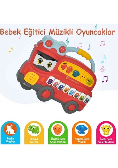 Eğitici Müzikli Işıklı Piyano Otobüs - Hayvan Sesli Ve Notalı Bebek Aktivite Oyuncağı Kırmızı