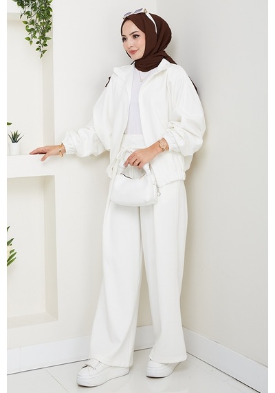 Bestenur Fermuarlı Oversize Takım 1595 - Beyaz Beyaz
