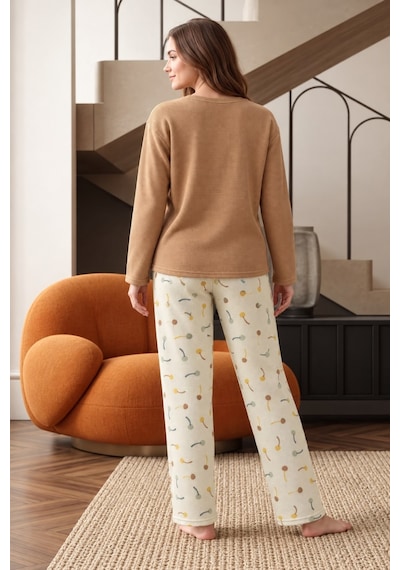 Nisanca Premium Soft Waffle Kadın Pijama Takımı Yumuşak Dokulu Sıcak Tutan Kışlık Uzun Kollu Pijama Sütlü Kahve