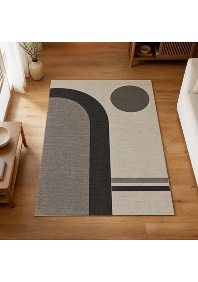 Kartela Halı Japandi Kemer Desenli Halı Antrasit Kaymaz Taban Makinede Yıkanabilir 80x120 Cm
