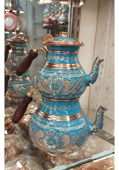 Bakır Çaydanlık El Işlemesi Çiçek Desenli Turkuaz Renk İşlemeli