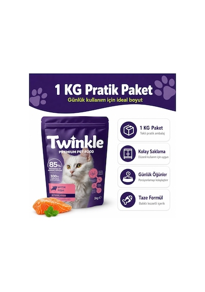 Twinkle Kısırlaştırılmış Kedi Maması 1 Kg - Balıklı Sterilised Kedi Maması -%85 Hayvansal Protein - Tam Ve Dengeli Beslenme - Böbrek Ve Üriner Sistem Desteği