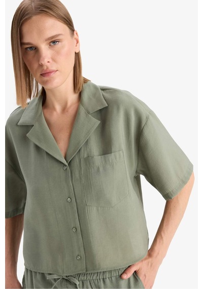 Defacto Loose Fit Ceket Yaka Modal Kısa Kollu Gömlek F0399ax25spgn460 Yeşil