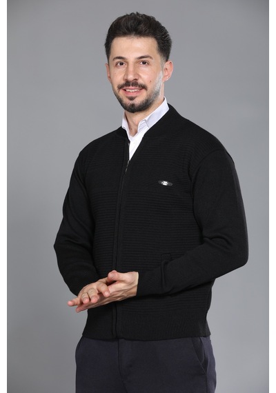 Kzctekstil Erkek Baba Ve Orta Yaş Triko Örgü Çift Cepli Akrilik Klasik Fit Fermuarlı Hırka Siyah