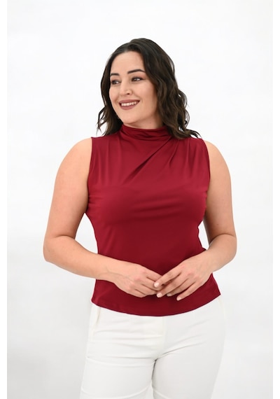 Kadın Büyük Beden Drape Detaylı Dik Yaka Bluz 1851-25 001