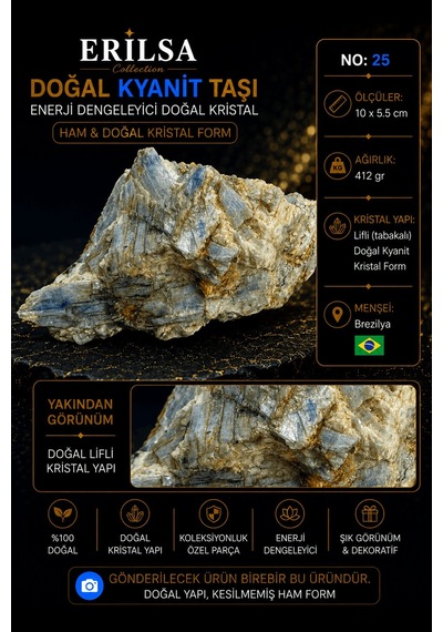 Sertifikalı Doğal Kyanit Taşı Ham Kristal Kütle Mineral Kaya No 2