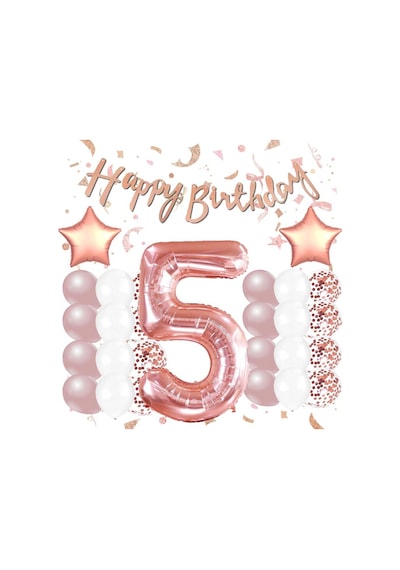 Rose Gold Konsept 5 Yaş Doğum Günü Kutlama Seti Beyaz Gold Konfetili Balon, Rakam Yıldız Folyo Ve Banner