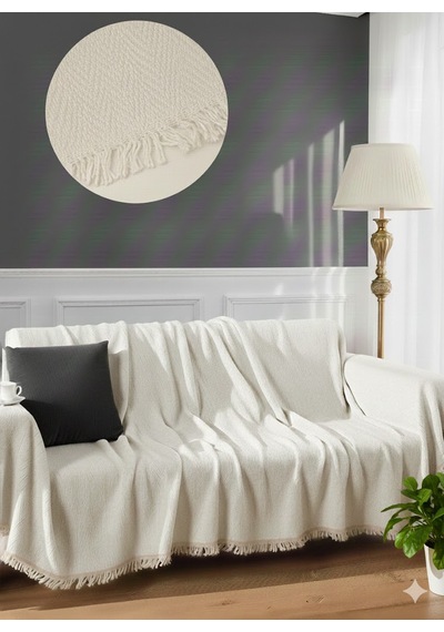 % 100 Pamuk Kolları Örten Koltuk Örtüsü 180 X 300 Cm- Kaymaz, Terletmez Ekru