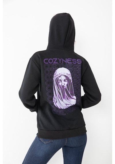 Unisex Siyah Renk Baskılı Kapşonlu Sweatshirt Siyah