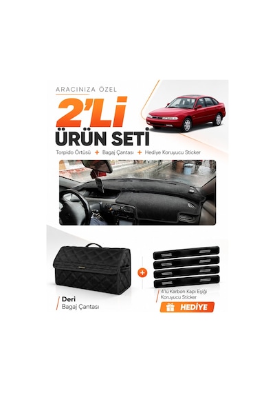 E-biz Mazda 626 Cronos 1991-1996 Uyumlu Torpido Örtüsü + Deri Bagaj Çantası Seti - Siyah - Ma009