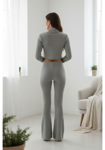 Angbutik Kadın Fitilli Eşofman Takımı Gri Boğazlı Crop Üst & İspanyol Paça Pantolon, Esnek Rahat Kalıp
