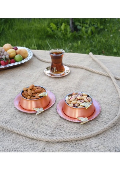 Bakır Çerezlik Kelebek Detaylı Tabaklı 2'li (4 Parça)