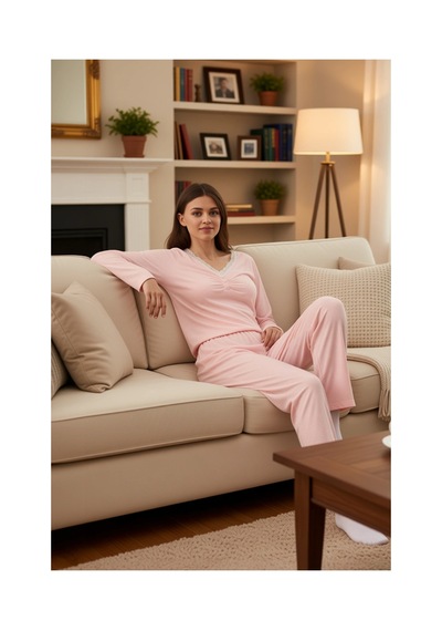 Ersefa Kadın Melanj Dantelli Uzun Kollu Pijama Takımı Fonksiyonel Dayanı Pembe