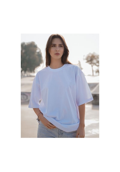 Parshey Oversize Unisex Beyaz Yarım Kollu Bisiklet Yaka %100 Pamuk Baskısız T-shirt Beyaz