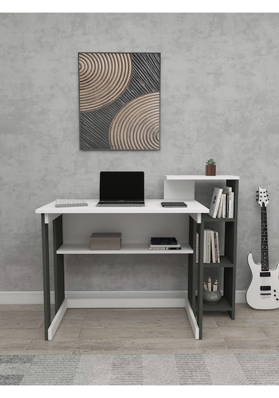 Enda Home Saye 5 Raflı Kitaplıklı Çalışma Masası Antrasit - Beyaz Koyu Gri - Beyaz