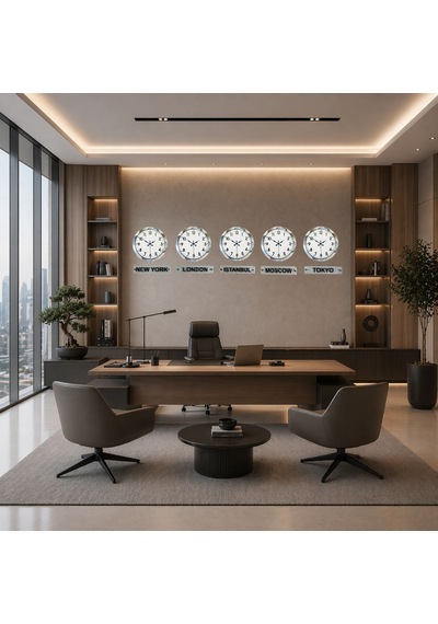 Modern Krom 5 Li 36 Cm Metal Tabelalı Dünya Saatleri Çok Renkli