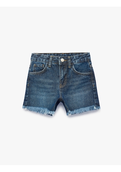 Koton Pamuklu Cepli Püsküllü Taş Detaylı Denim Şort Orta İndigo 6skg40124ad